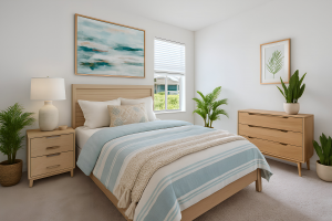 Bedroom with wooden furniture, blue-striped bedding, plants, and framed wall art near a window.