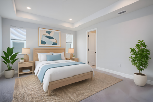 Modern bedroom with wooden bed, light blue bedding, nightstands, lamps, plants, and abstract wall art.